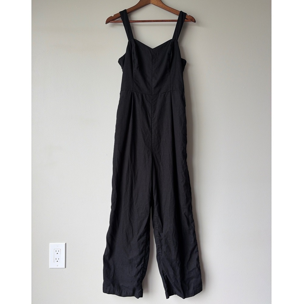 Old Navy Womens Black Linen Blend Wide Leg Jumpsuit Size M Smocked Back Pockets